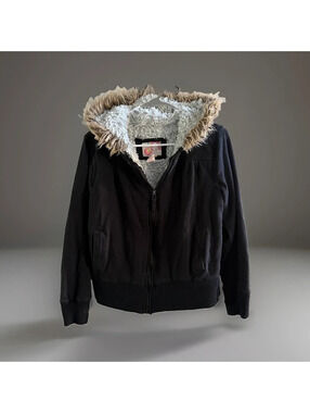 OP Girls L 11-13 Black Sherpa Lined Hoodie Jacket Faux Fur Y2K Women Small